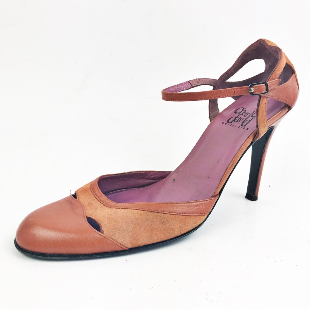 CHARLES DAVID Orange Suede Vintage Retro Heels